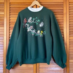 Vintage Sweatshirt Women's Size Large Birds Cardinals Winter Green Double Collar